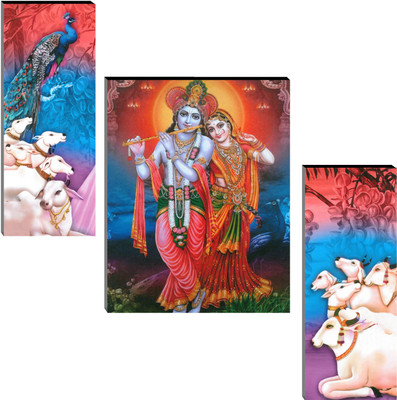 Indianara Set of 3 Radha Krishna with Cows Art MDF Art Painting (4165FL) without glass Digital Reprint 18 inch x 12 inch Painting(Without Frame, Pack of 3)