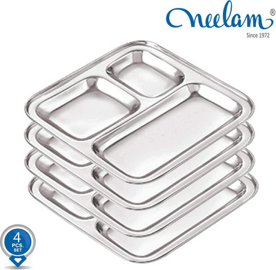 NEELAM Stainless Steel Pav Bhaji/Compartment Plates, Set of 4 Pcs Sectioned Plate(Pack of 4)