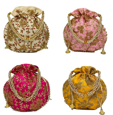 PREESA Women's Silk Pack of 4 Combo Potli Bag, Wedding Gift, Return Gift Potli(Pack of 4)