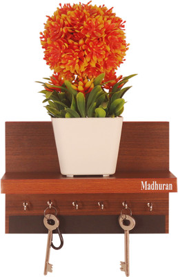Madhuran Display 6 Hook Wall Mounted Wooden Key Holders with Shelf Classic Walnut Particle Board Wall Shelf(Number of Shelves - 1, Brown)