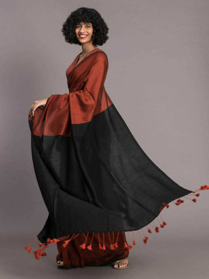 SAYAN CREATION Solid/Plain, Self Design Daily Wear Handloom Pure Cotton Saree(Brown, Black)