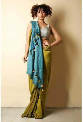 matri textile Color Block Handloom Cotton Silk Saree(Green, Blue)