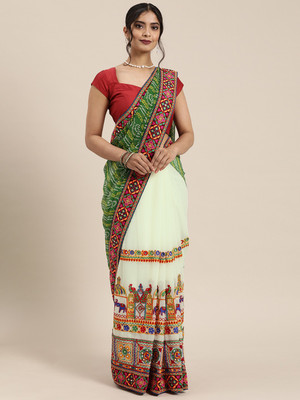 KAVINDI Embellished Bandhani Georgette Saree(Green)