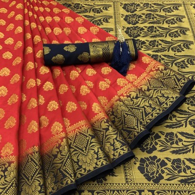 SSP TEX Woven Kanjivaram Silk Blend, Pure Silk Saree(Dark Blue, Red)