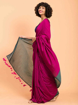 matri textile Color Block Handloom Cotton Silk Saree(Pink, Grey)