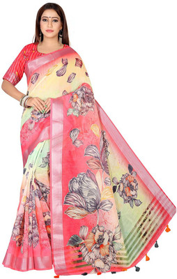 KAHIRAA WHOLETEX Floral Print Daily Wear Linen Saree(Cream)