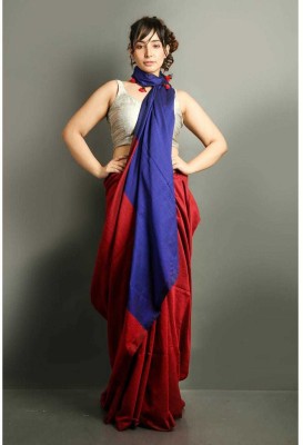 matri textile Color Block Handloom Cotton Silk Saree(Red, Blue)