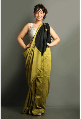matri textile Color Block Handloom Cotton Silk Saree(Green)