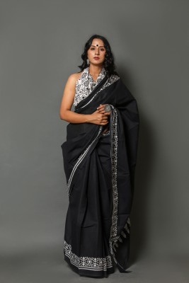 Craftmusium Printed, Color Block, Blocked Printed, Dyed Daily Wear Pure Cotton Saree(Black)