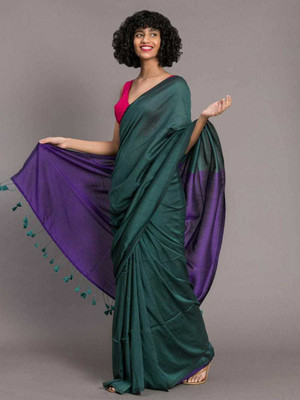 matri textile Color Block Handloom Cotton Silk Saree(Blue)