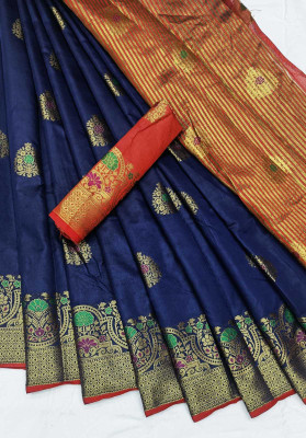 supalee tex Woven Paithani Cotton Silk Saree(Blue)