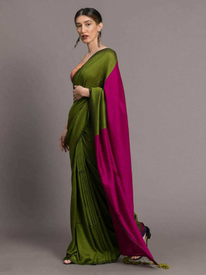 matri textile Color Block Handloom Cotton Silk Saree(Green, Pink)