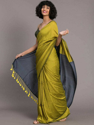 matri textile Color Block Handloom Cotton Silk Saree(Light Green)