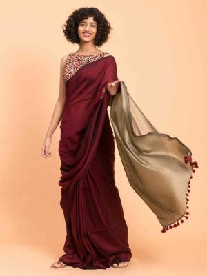 matri textile Color Block Handloom Cotton Silk Saree(Red, Gold)