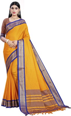 FLORRO Checkered Chettinadu Cotton Blend Saree(Gold)