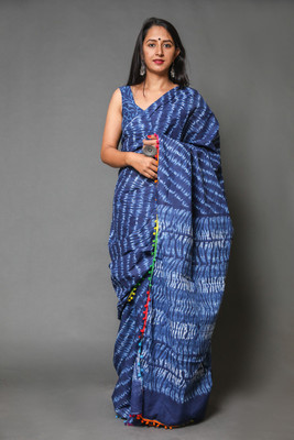 Craftmusium Printed, Color Block, Blocked Printed, Floral Print, Dyed Daily Wear Pure Cotton Saree(Blue)