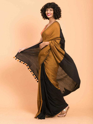 matri textile Color Block Handloom Cotton Silk Saree(Gold, Black)