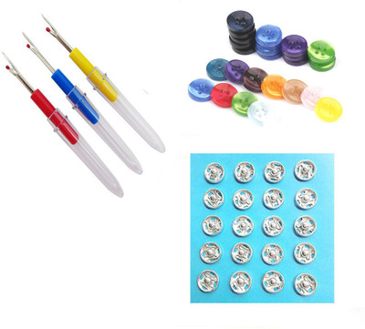 Crafts Haveli 3 Items Combo : 3 Seam Ripper, Tich Button & 20 Multi Button Sewing Kit