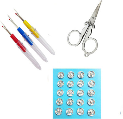 Crafts Haveli 3 Items Combo : 3 Seam Ripper, Tich Button & Folding Scissor Sewing Kit