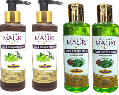 Khadi Mauri Amla Bhringraj & Neem Reetha Tulsi Shampoo - Pack Of 4(840 ml)