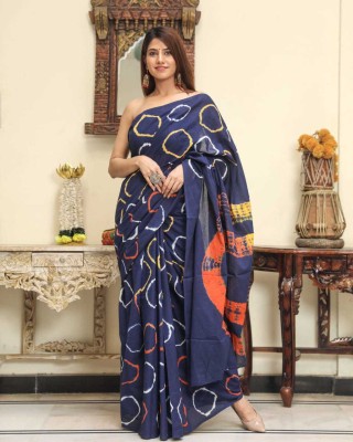 DASTKARPRINT Printed, Color Block, Blocked Printed, Floral Print, Dyed Daily Wear Pure Cotton Saree(Blue)