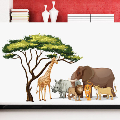 VCREATE DECOR 58 cm Tree with animals wall sticker Self Adhesive Sticker(Pack of 1)
