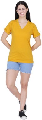 CLOTHINK India Solid Women V Neck Yellow T-Shirt