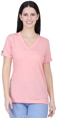 CLOTHINK India Solid Women V Neck Pink T-Shirt