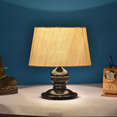 foziq Beige Fabric Shade Table Lamp With Black Metal Base Table Lamp(28 cm, Beige)