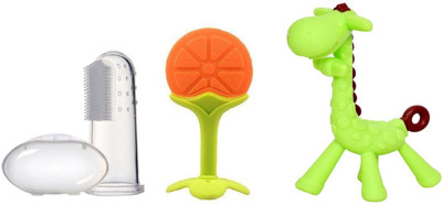 smilykid Baby Silicone Fruit Shaped Teether,Baby Finger Brush & Giraffe Teether Oral Care Teether and Feeder(Orange)