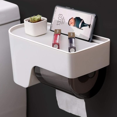 Zeinwap Self Adhesive Magic Sticker Series Wall Mount Tissue Paper Holder with Storage Plastic Toilet Paper Holder(Lid Included)