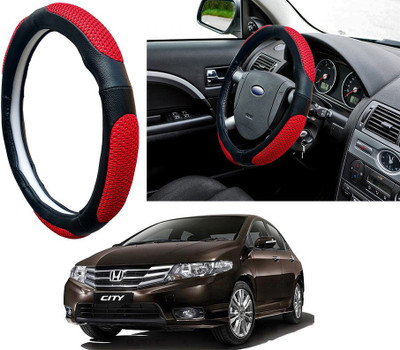 Selifaur Steering Cover For Honda New City(Red Black, Leatherite, Fabric)