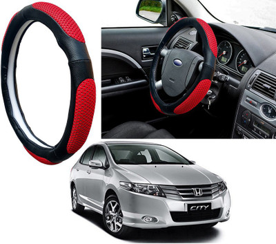Selifaur Steering Cover For Honda City(Red Black, Leatherite, Fabric)