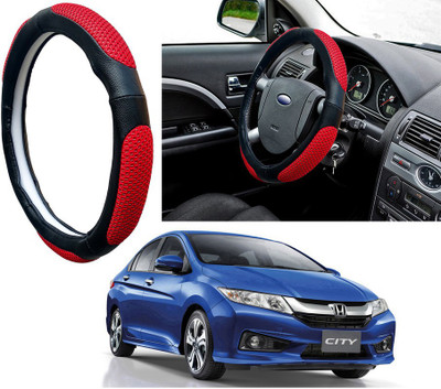 Selifaur Steering Cover For Honda City(Red Black, Leatherite, Fabric)