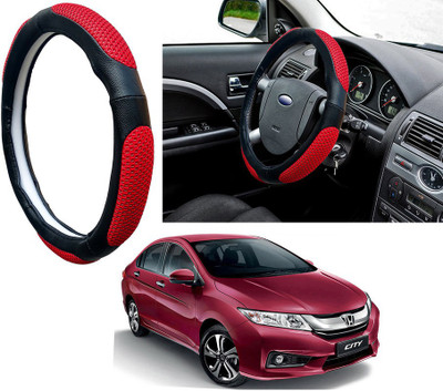 Selifaur Steering Cover For Honda New City(Red Black, Leatherite, Fabric)
