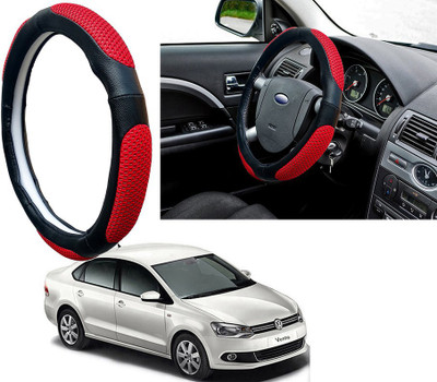 Selifaur Steering Cover For Volkswagen Vento(Red Black, Leatherite, Fabric)