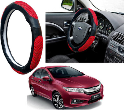 Selifaur Steering Cover For Honda New City(Red Black, Leatherite, Fabric)