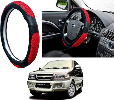Selifaur Steering Cover For Chevrolet Tavera(Red Black, Leatherite, Fabric)
