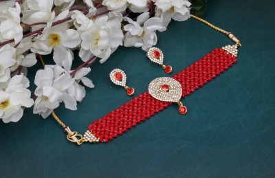 Hariomimitation Copper Gold-plated Red, White Jewellery Set(Pack of 1)