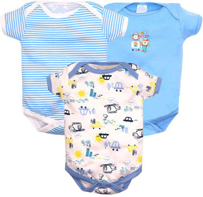 tiniberry Romper For Baby Boys & Baby Girls Printed Cotton Blend(Light Blue, Pack of 3)