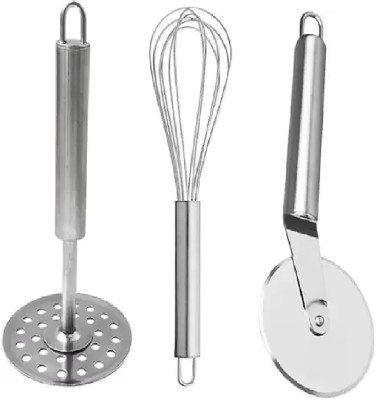 UBIKA KITCHEN of Steel Masher, Pizza Cutter with WIsker Kitchen Tool Set(steel, Masher, Whisk, Cutter)