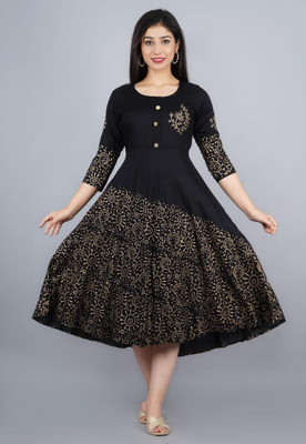 MANBHAR FASHION Women Printed Flared Kurta(Black)