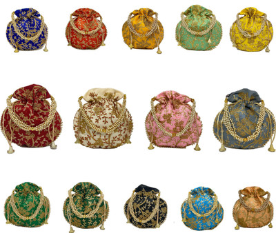 PREESA Women's Silk Pack of 14 Combo Potli Bag, Wedding Gift, Return Gift Potli Potli(Pack of 14)