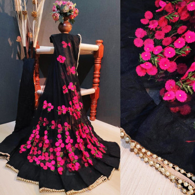 RE Renny Enterprise Embroidered Bollywood Net Saree(Black)