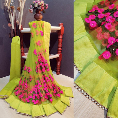 RE Renny Enterprise Embroidered Bollywood Net Saree(Light Green)