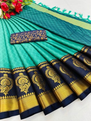 Hensi sarees shop Color Block, Temple Border, Ombre, Striped, Woven, Animal Print, Dyed, Solid/Plain, Checkered Paithani Cotton Linen, Cotton Silk Saree(Dark Blue, Light Green)