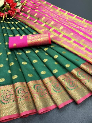 DreamFabric Woven Bollywood Jacquard, Art Silk Saree(Dark Green)