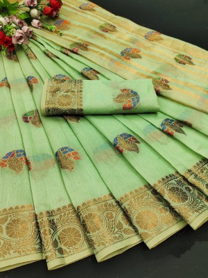 Varni Enterprise Woven Banarasi Jacquard, Cotton Silk Saree(Gold, Light Green)