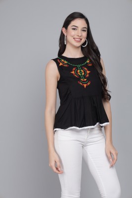 Glamcci Casual Embroidered Women Black Top