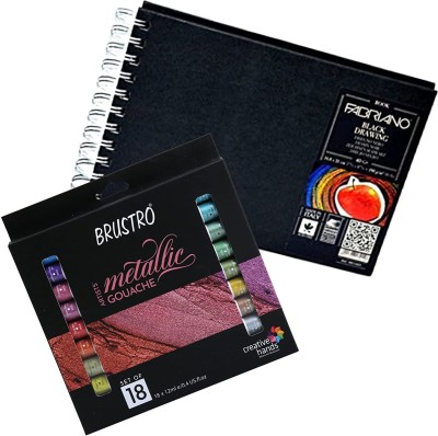BRuSTRO Artists Metallic Gouache Set of 18 x 12ml with Fabriano Black Drawing Book A5